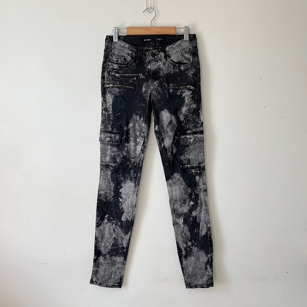 Guess Ink Blot black grey glitter paint splattered cargo pants skinny jeans